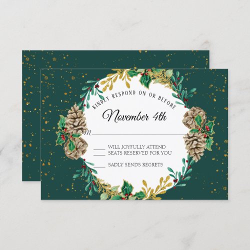 Gold Christmas RSVP Greenery Wreath Watercolor Invitation