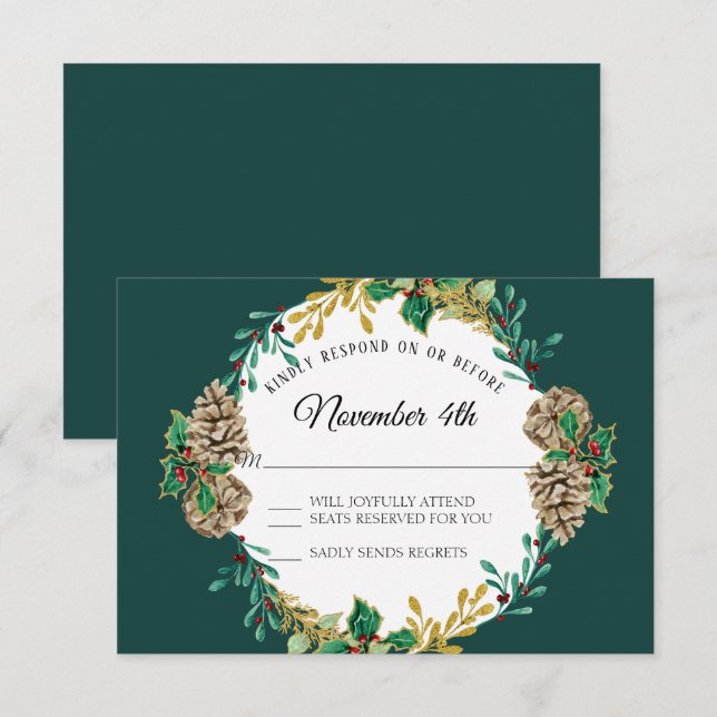 Gold Christmas RSVP Greenery Wreath Watercolor Invitation (Front/Back)
