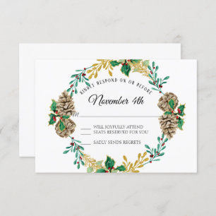Gold Christmas RSVP Holly Leaf Pine Cone Wreath Invitation