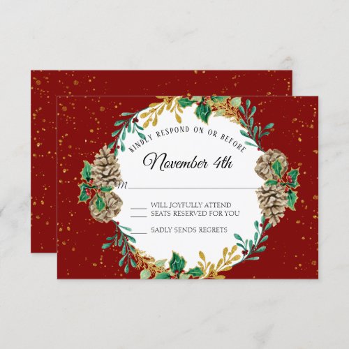 Gold Christmas RSVP Red Holly Pine Cone Wreath Invitation