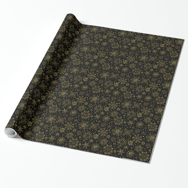 Gold Christmas Snowflakes Black Changeable Back Wrapping Paper (Unrolled)