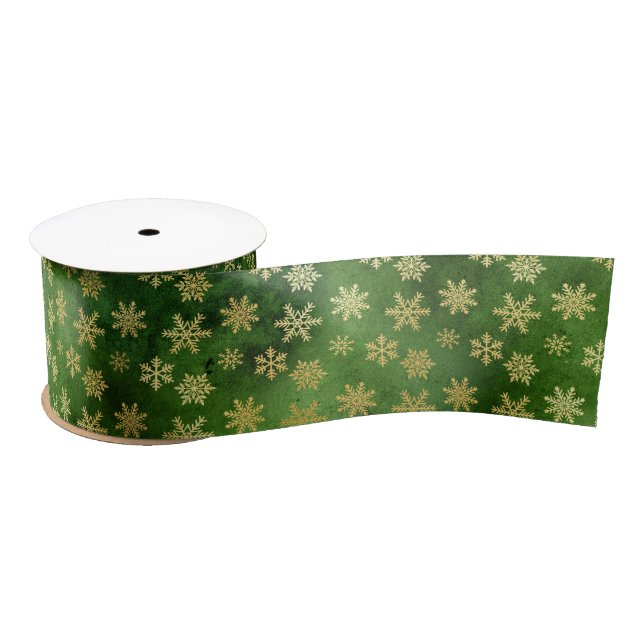 Gold Christmas Snowflakes on Green Satin Ribbon (Spool)