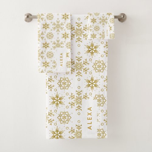 Gold Christmas snowflakes pattern on white Bath Towel Set