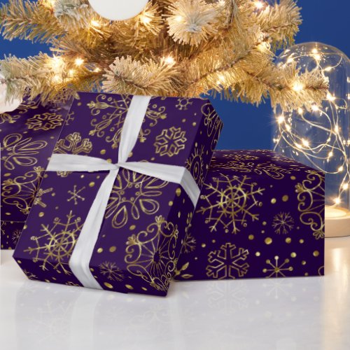 Gold Christmas Snowflakes Purple Changeable Back Wrapping Paper