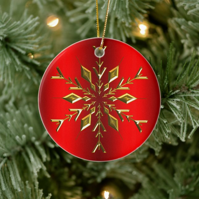 Gold Christmas Star Snowflake Red Christmas Ceramic Ornament (Tree)