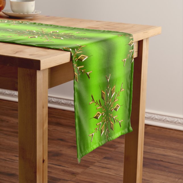 Gold Christmas Stars Green Christmas Short Table Runner (In Situ)