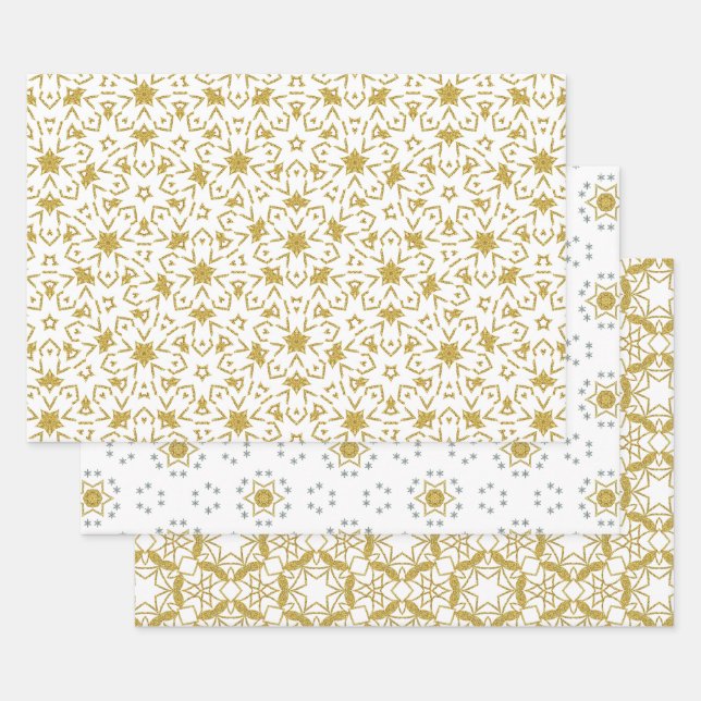 Gold Christmas Stars Luxury Pattern Yellow Wrapping Paper Sheets (Set)