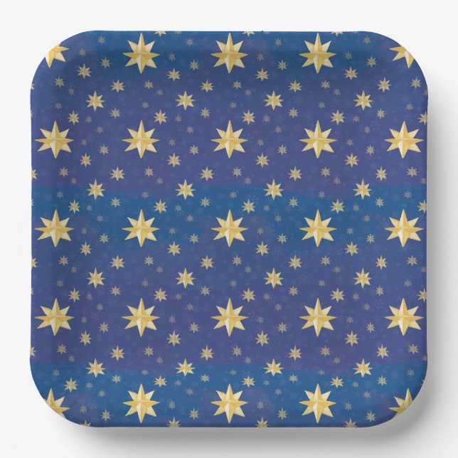 Gold Christmas Stars On Blue Paper Plates (Front)