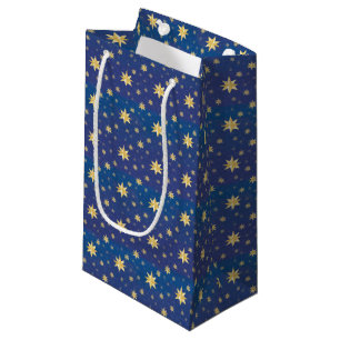 Gold Christmas Stars On Blue Small Gift Bag