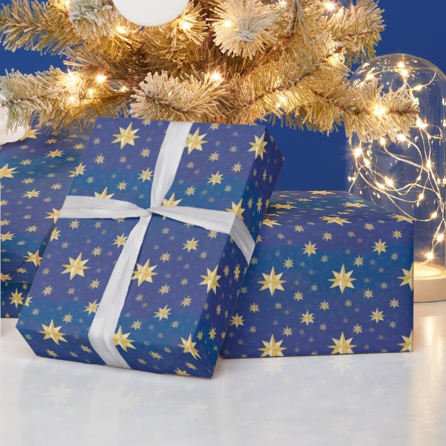Gold Christmas Stars On Blue Wrapping Paper (Holidays)