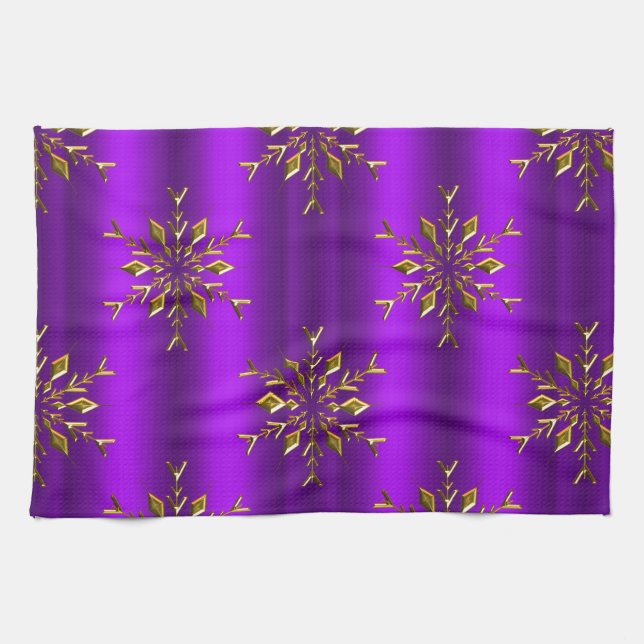 Gold Christmas Stars on Purple Christmas Kitchen Towel (Horizontal)