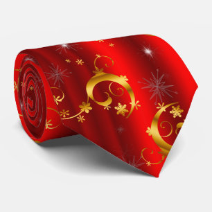 Gold Christmas Stars, Swirls on Red Neck Tie