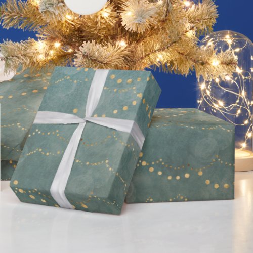 Gold Christmas String Lights Teal Watercolor Wrapping Paper
