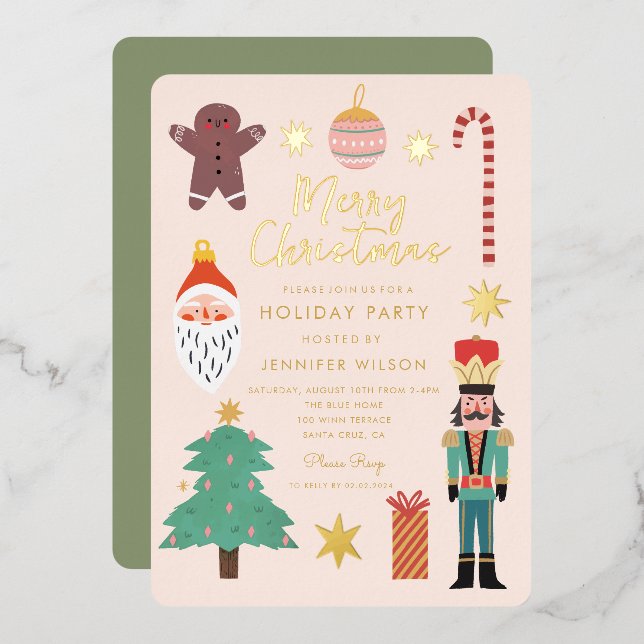 Gold Christmas Things Holiday Santa Family Photo Foil Invitation (Front/Back)