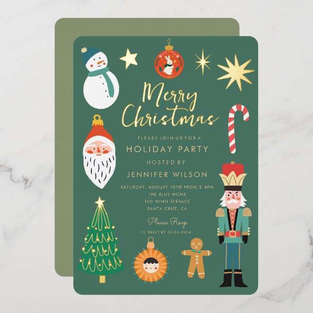 Gold Christmas Things Holiday Santa Family Photo Foil Invitation (Front/Back)