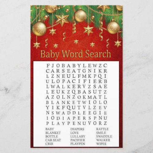 gold christmas toy Baby Shower Word Search Game