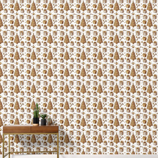 Gold Christmas Tree And Gifts On White Background  Wallpaper (Hallway)