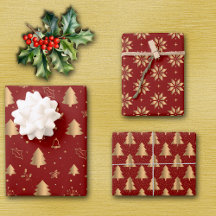 Gold Christmas Tree and Poinsettia Patterns on Red