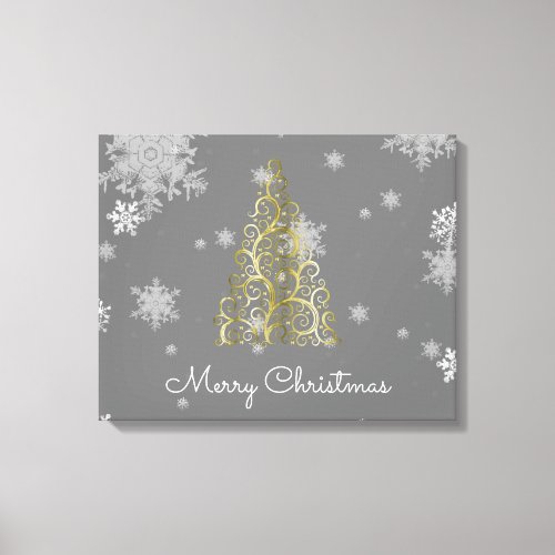 Gold Christmas Tree and Snowflakes Canvas Print