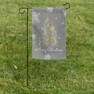 Gold Christmas Tree and Snowflakes Garden Flag