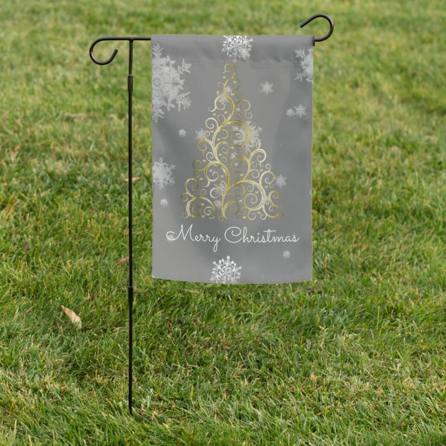Gold Christmas Tree and Snowflakes Garden Flag (In SItu)