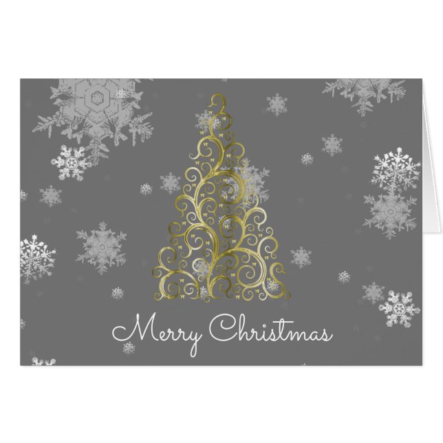 Gold Christmas Tree and Snowflakes Greeting Card (Front Horizontal)