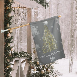 Gold Christmas Tree and Snowflakes House Flag