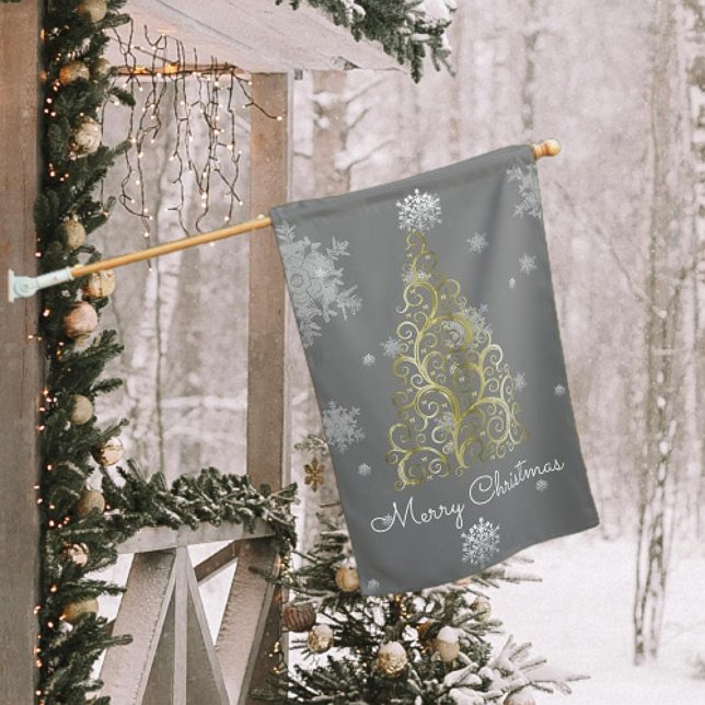 Gold Christmas Tree and Snowflakes House Flag (Gold Christmas Tree and Snowflakes House Flag)