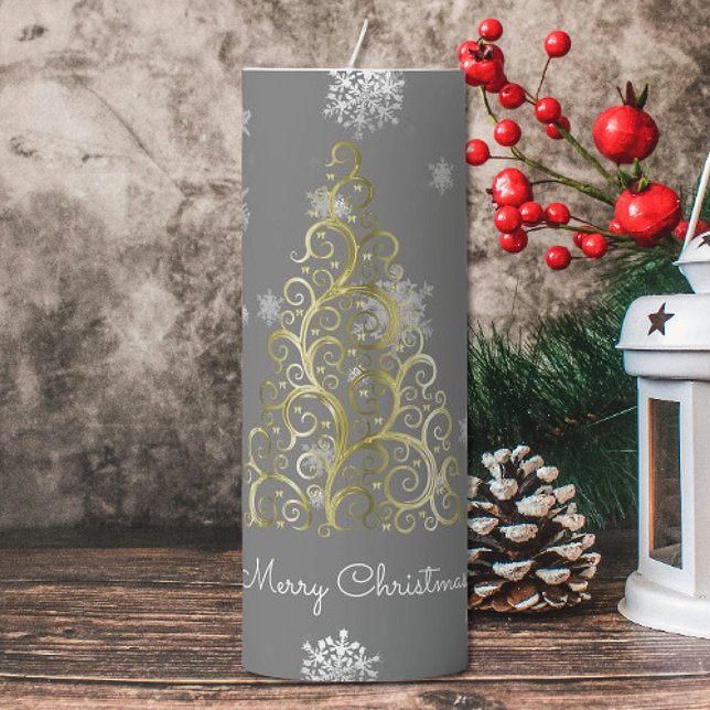 Gold Christmas Tree and Snowflakes Large Pillar Candle (Gold Christmas Tree and Snowflakes Large Pillar Candle)