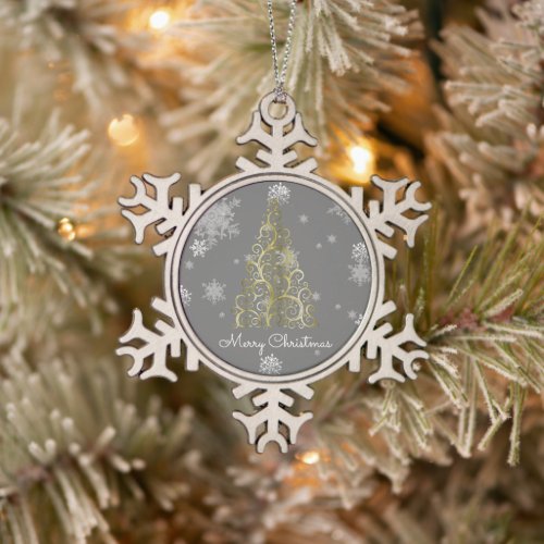 Gold Christmas Tree and Snowflakes Ornament