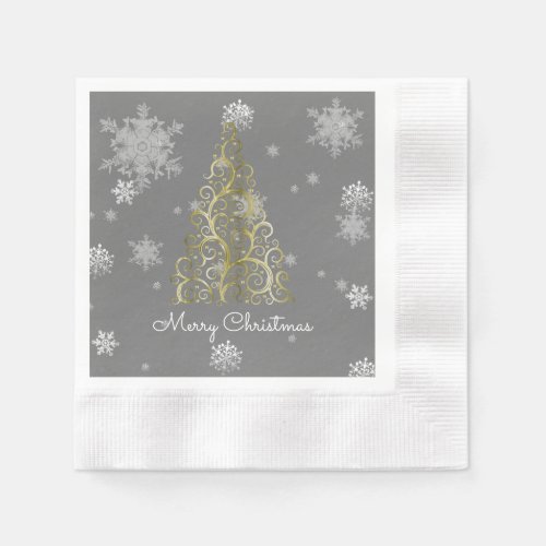 Gold Christmas Tree and Snowflakes Paper Napkin