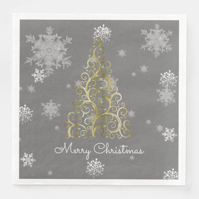 Gold Christmas Tree and Snowflakes Paper Napkin (Front)
