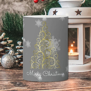 Gold Christmas Tree and Snowflakes Pillar Candle