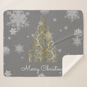 Gold Christmas Tree and Snowflakes Sherpa Blanket