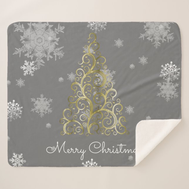 Gold Christmas Tree and Snowflakes Sherpa Blanket (Front (Horizontal))