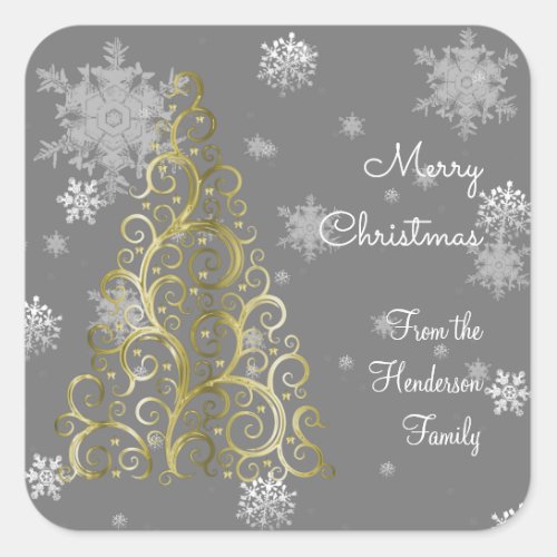 Gold Christmas Tree and Snowflakes Sticker