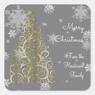 Gold Christmas Tree and Snowflakes Sticker