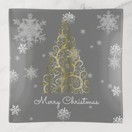 Gold Christmas Tree and Snowflakes Trinket Tray