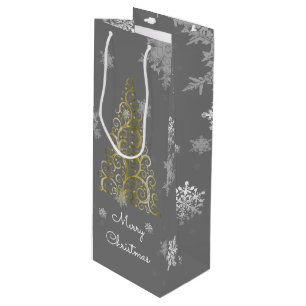 Gold Christmas Tree and Snowflakes Wine Gift Bag
