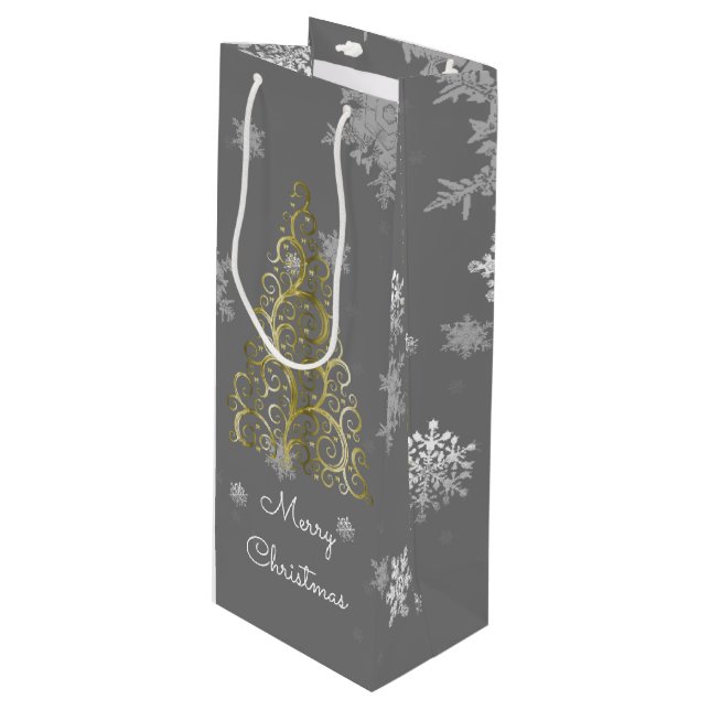 Gold Christmas Tree and Snowflakes Wine Gift Bag (Front Angled)