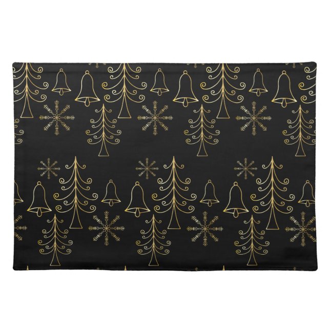 Gold Christmas Tree Bell and Snowflake Pattern Cloth Placemat (Front)
