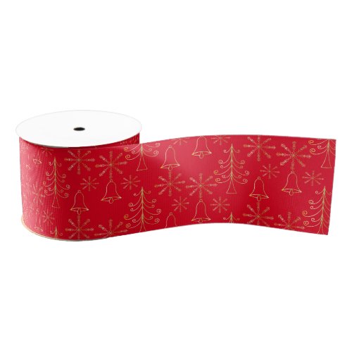 Gold Christmas Tree Bell and Snowflake Pattern Grosgrain Ribbon
