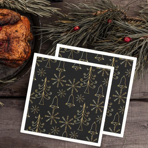 Gold Christmas Tree Bell and Snowflake Pattern Napkins