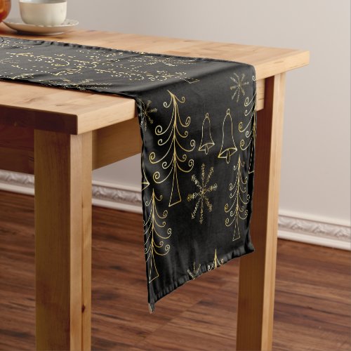 Gold Christmas Tree Bell and Snowflake Pattern Short Table Runner