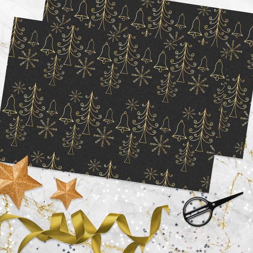 Gold Christmas Tree Bell and Snowflake Pattern Tissue Paper