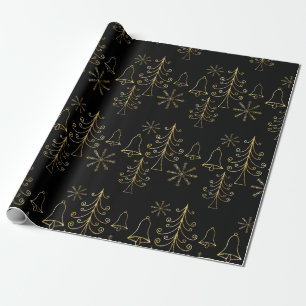 Gold Christmas Tree Bell and Snowflake Pattern Wrapping Paper