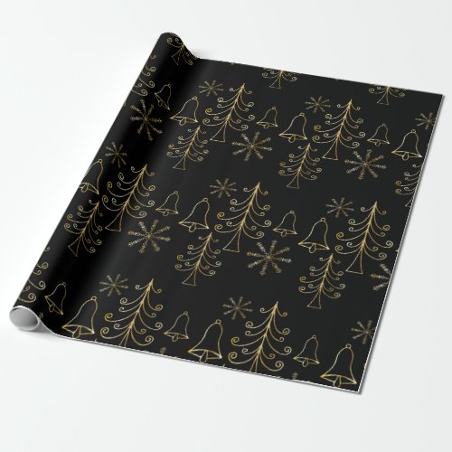 Gold Christmas Tree Bell and Snowflake Pattern Wrapping Paper