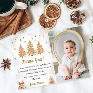 Gold Christmas Tree Birthday Party Thank You Card 