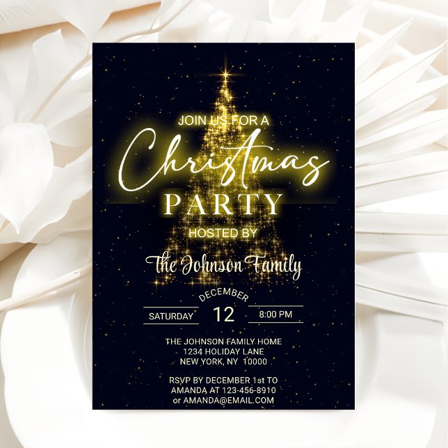 Gold Christmas Tree Black Christmas Party Invitation (Creator Uploaded)