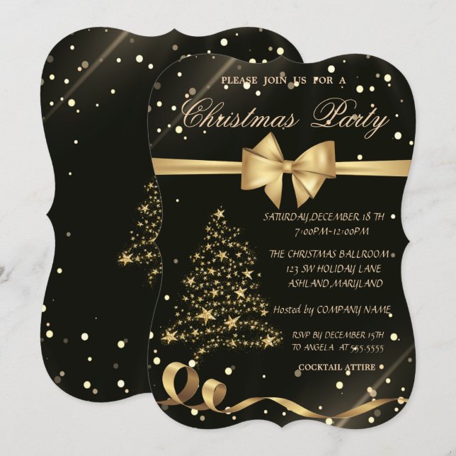 Gold Christmas Tree ,Bow,Black Christmas Party Invitation (Front/Back)